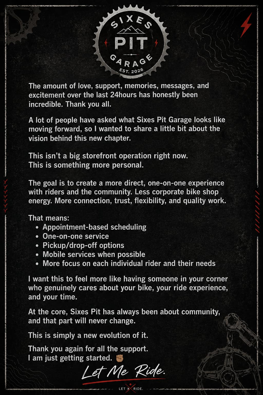Sixes Pit Garage announcement with vision and service approach