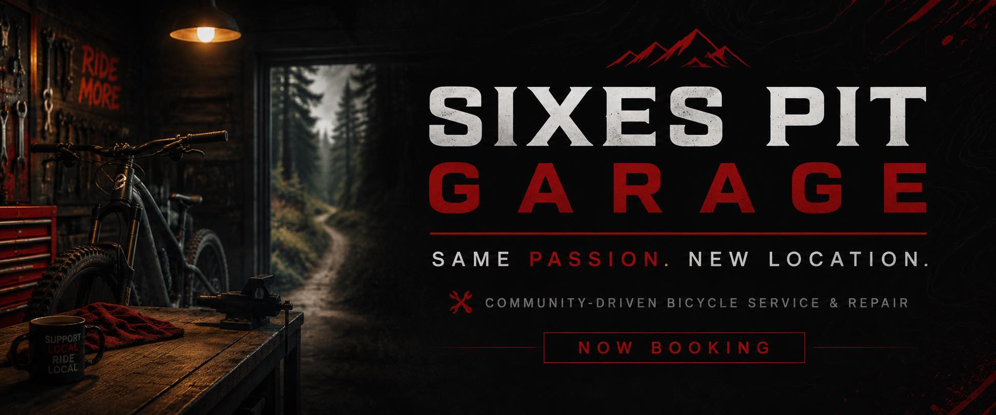 Sixes Pit Garage workshop and new location graphic